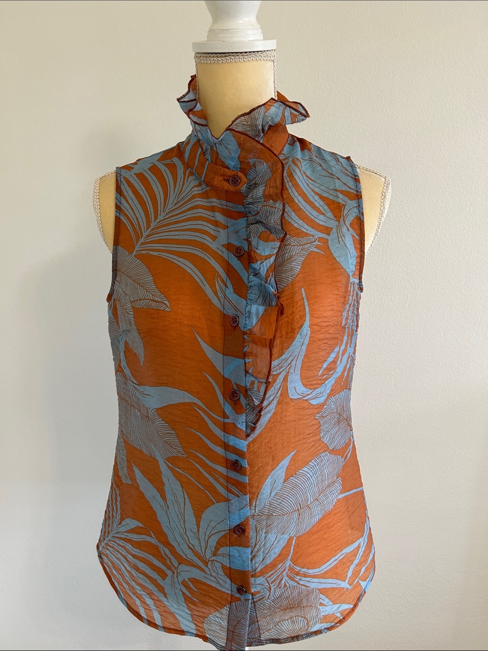 CAbi Rust & Sky Blue Ruffled Mock-Neck Botanical Shell